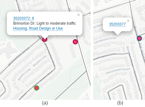 Map screenshots showing interactive pop-ups for a) a documented location and b) a dissemination area