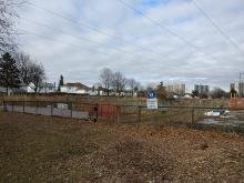 Community gardens and different housing types visible